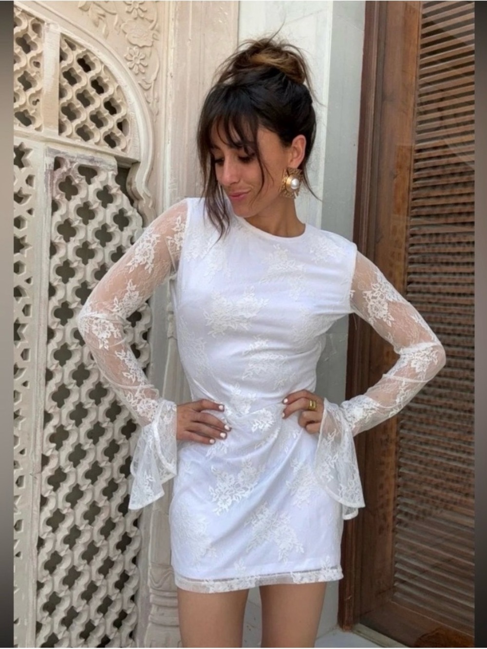 12th Tribe White Lace-Sleeve Mini Dress